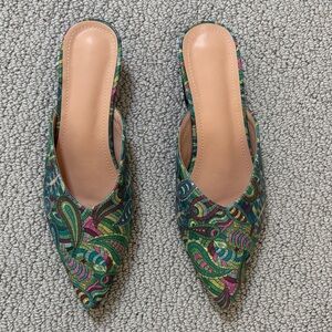 Women's Green Multicolor Pointed-Toe Slip-On Mules